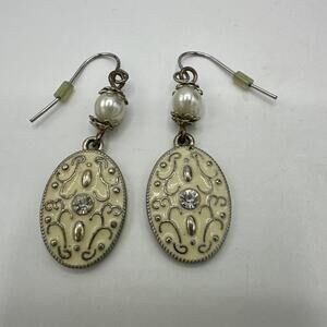 Dangle Drop Oval Rhinestone Earrings Cream Elegant Costume Fashion Jewelry 1.5"